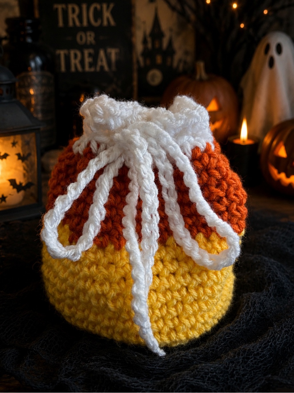 Crochet Candy Corn Drawstring Bag